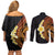 Hawaiian Tropical Plumeria Art Polynesian Tattoo Couples Matching Off Shoulder Short Dress and Long Sleeve Button Shirt Black and Autumn Color Theme