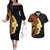 Hawaiian Tropical Plumeria Art Polynesian Tattoo Couples Matching Off The Shoulder Long Sleeve Dress and Hawaiian Shirt Black and Autumn Color Theme