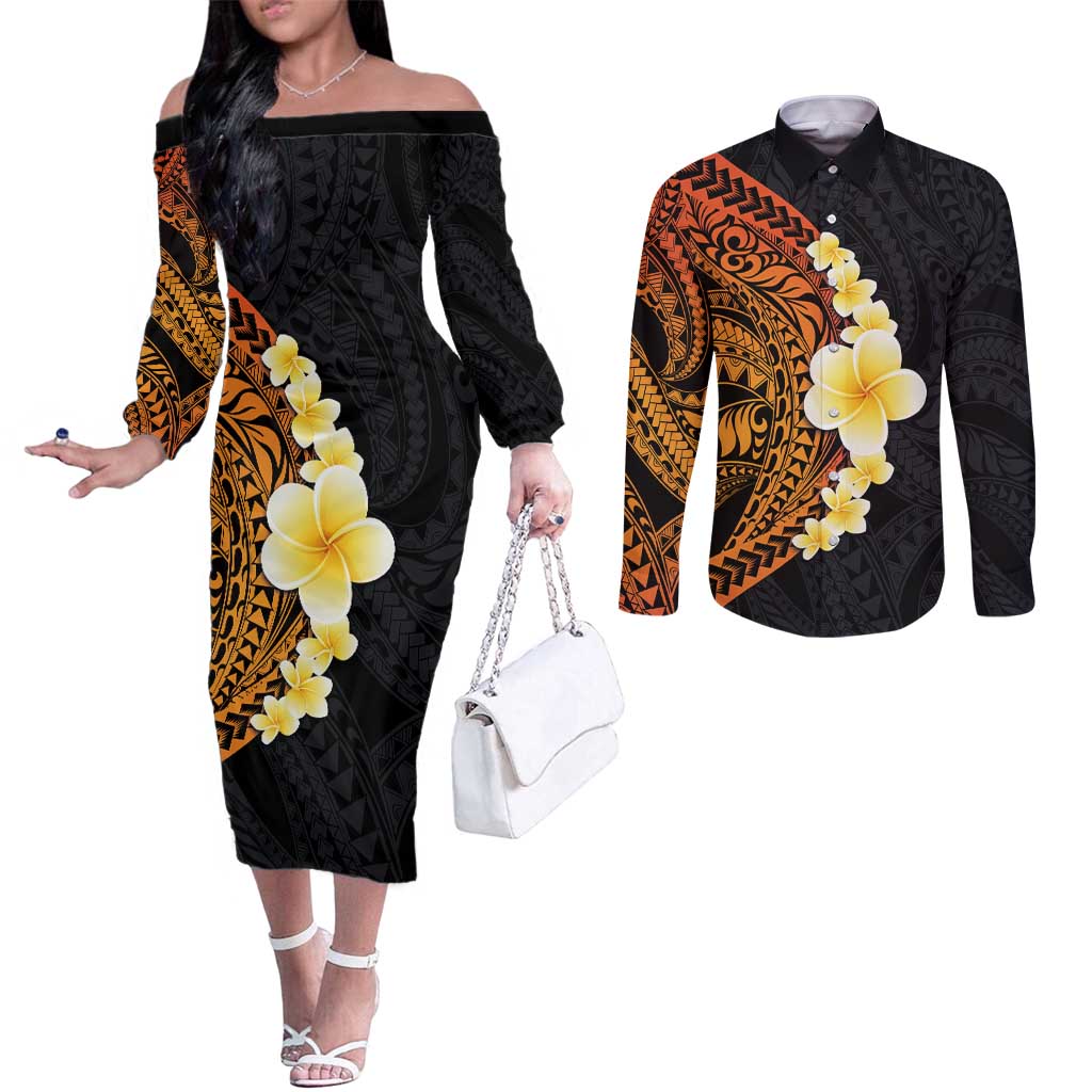 Hawaiian Tropical Plumeria Art Polynesian Tattoo Couples Matching Off The Shoulder Long Sleeve Dress and Long Sleeve Button Shirt Black and Autumn Color Theme