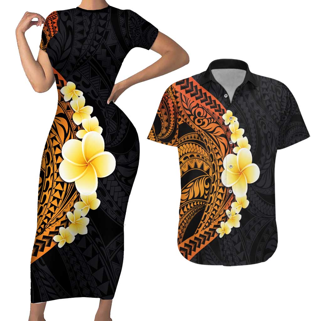 Hawaiian Tropical Plumeria Art Polynesian Tattoo Couples Matching Short Sleeve Bodycon Dress and Hawaiian Shirt Black and Autumn Color Theme