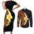 Hawaiian Tropical Plumeria Art Polynesian Tattoo Couples Matching Short Sleeve Bodycon Dress and Long Sleeve Button Shirt Black and Autumn Color Theme