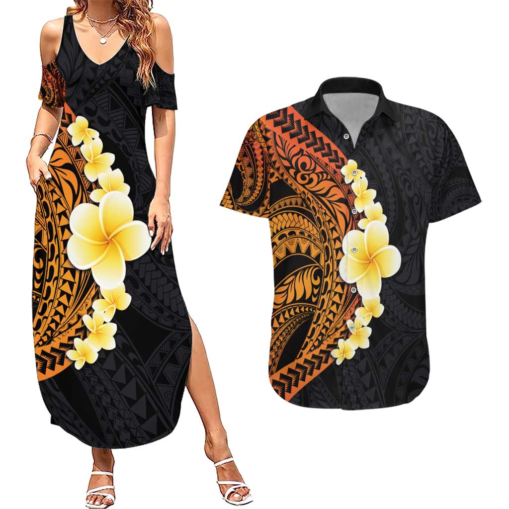 Hawaiian Tropical Plumeria Art Polynesian Tattoo Couples Matching Summer Maxi Dress and Hawaiian Shirt Black and Autumn Color Theme