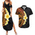 Hawaiian Tropical Plumeria Art Polynesian Tattoo Couples Matching Summer Maxi Dress and Hawaiian Shirt Black and Autumn Color Theme