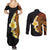 Hawaiian Tropical Plumeria Art Polynesian Tattoo Couples Matching Summer Maxi Dress and Long Sleeve Button Shirt Black and Autumn Color Theme