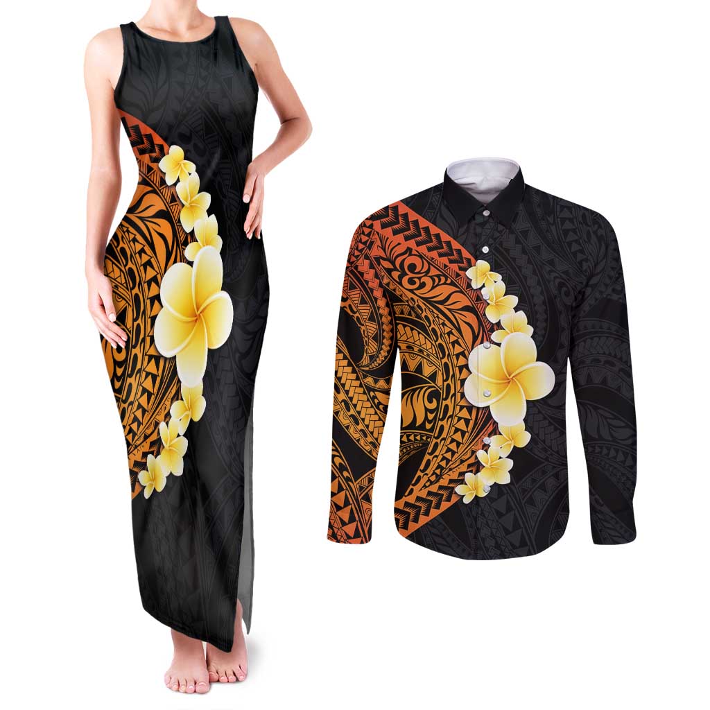 Hawaiian Tropical Plumeria Art Polynesian Tattoo Couples Matching Tank Maxi Dress and Long Sleeve Button Shirt Black and Autumn Color Theme LT03 Orange - Polynesian Pride