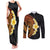 Hawaiian Tropical Plumeria Art Polynesian Tattoo Couples Matching Tank Maxi Dress and Long Sleeve Button Shirt Black and Autumn Color Theme