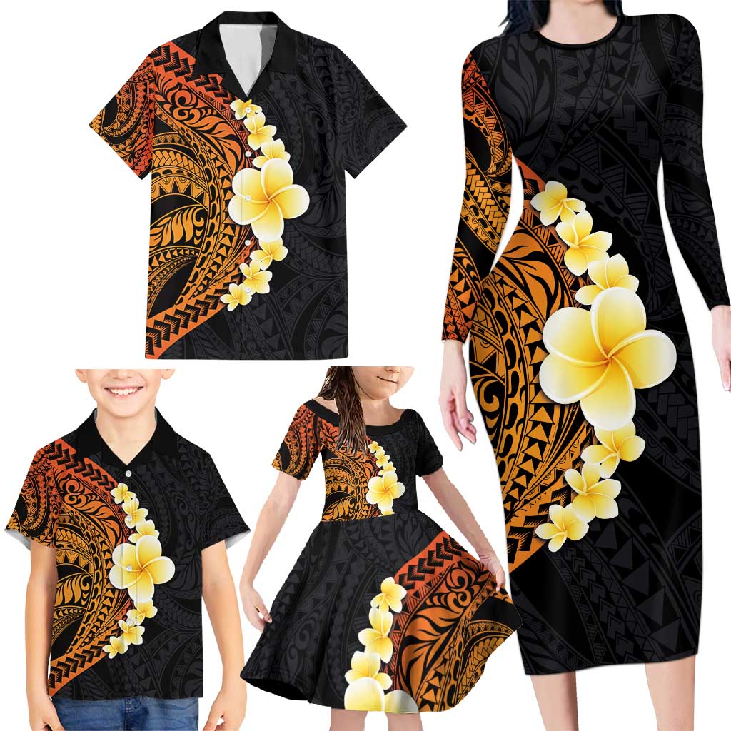 Hawaiian Tropical Plumeria Art Polynesian Tattoo Family Matching Long Sleeve Bodycon Dress and Hawaiian Shirt Black and Autumn Color Theme LT03 - Polynesian Pride