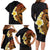 Hawaiian Tropical Plumeria Art Polynesian Tattoo Family Matching Long Sleeve Bodycon Dress and Hawaiian Shirt Black and Autumn Color Theme