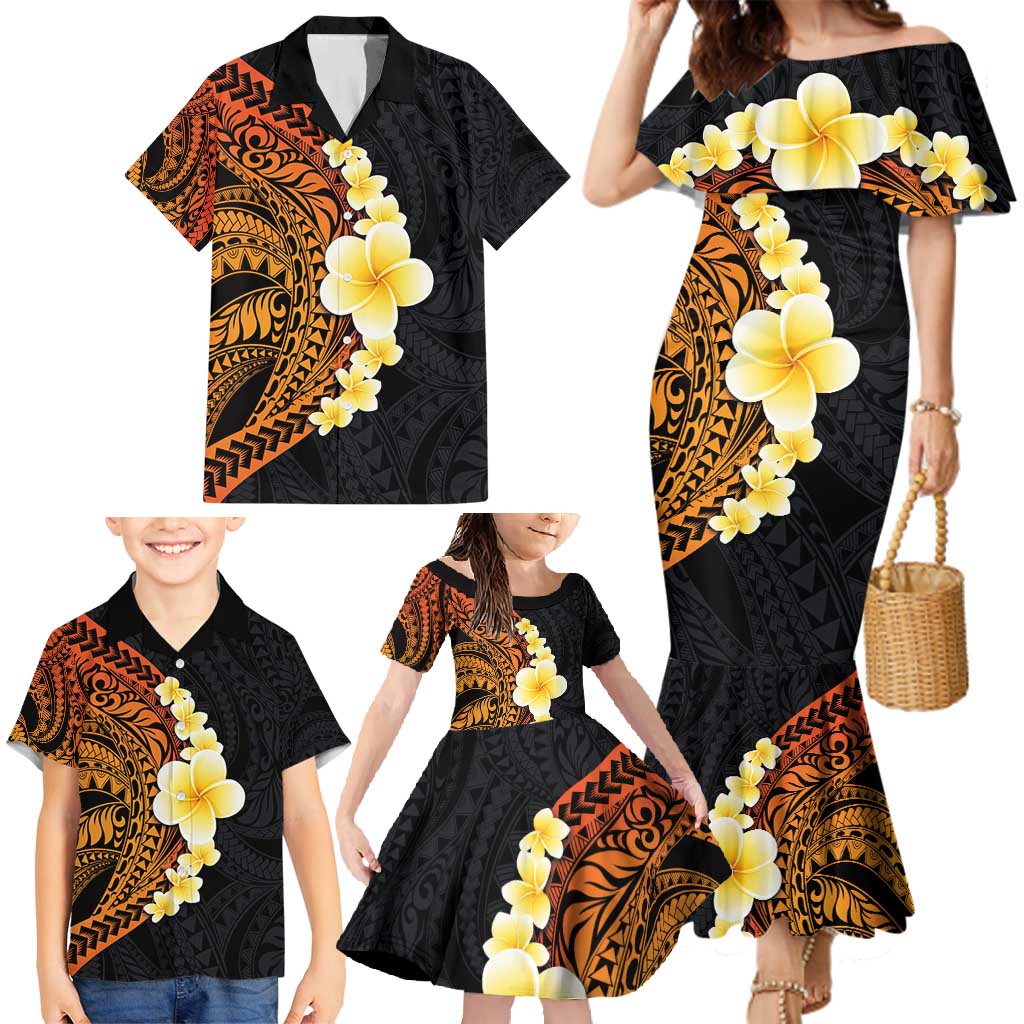 Hawaiian Tropical Plumeria Art Polynesian Tattoo Family Matching Mermaid Dress and Hawaiian Shirt Black and Autumn Color Theme