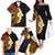 Hawaiian Tropical Plumeria Art Polynesian Tattoo Family Matching Off The Shoulder Long Sleeve Dress and Hawaiian Shirt Black and Autumn Color Theme