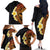 Hawaiian Tropical Plumeria Art Polynesian Tattoo Family Matching Off The Shoulder Long Sleeve Dress and Hawaiian Shirt Black and Autumn Color Theme