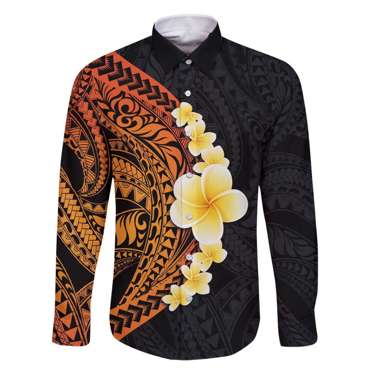 Hawaiian Tropical Plumeria Art Polynesian Tattoo Family Matching Off The Shoulder Long Sleeve Dress and Hawaiian Shirt Black and Autumn Color Theme