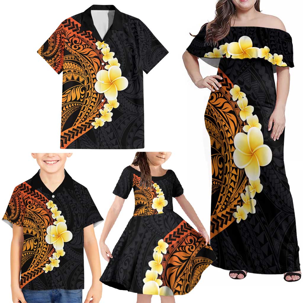 Hawaiian Tropical Plumeria Art Polynesian Tattoo Family Matching Off Shoulder Maxi Dress and Hawaiian Shirt Black and Autumn Color Theme