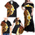 Hawaiian Tropical Plumeria Art Polynesian Tattoo Family Matching Off Shoulder Maxi Dress and Hawaiian Shirt Black and Autumn Color Theme