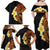 Hawaiian Tropical Plumeria Art Polynesian Tattoo Family Matching Off Shoulder Maxi Dress and Hawaiian Shirt Black and Autumn Color Theme