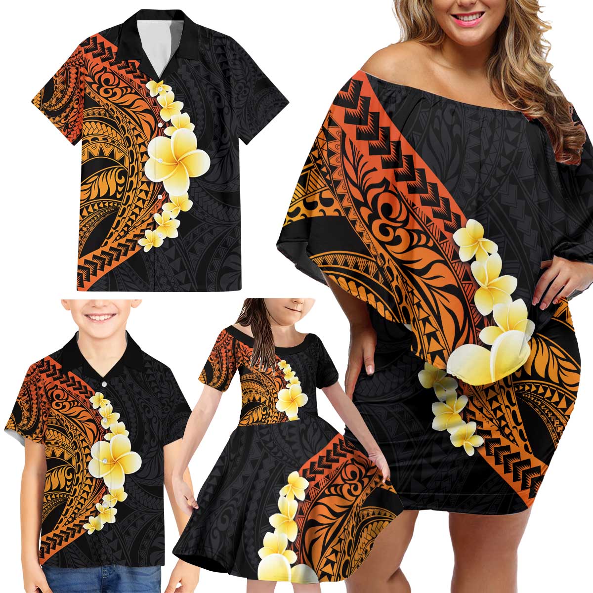 Hawaiian Tropical Plumeria Art Polynesian Tattoo Family Matching Off Shoulder Short Dress and Hawaiian Shirt Black and Autumn Color Theme