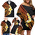 Hawaiian Tropical Plumeria Art Polynesian Tattoo Family Matching Off Shoulder Short Dress and Hawaiian Shirt Black and Autumn Color Theme