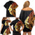 Hawaiian Tropical Plumeria Art Polynesian Tattoo Family Matching Off Shoulder Short Dress and Hawaiian Shirt Black and Autumn Color Theme