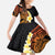 Hawaiian Tropical Plumeria Art Polynesian Tattoo Family Matching Short Sleeve Bodycon Dress and Hawaiian Shirt Black and Autumn Color Theme