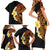 Hawaiian Tropical Plumeria Art Polynesian Tattoo Family Matching Short Sleeve Bodycon Dress and Hawaiian Shirt Black and Autumn Color Theme