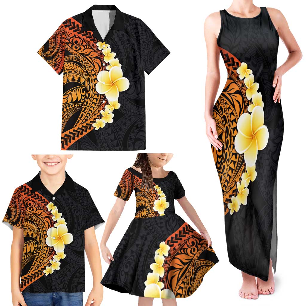 Hawaiian Tropical Plumeria Art Polynesian Tattoo Family Matching Tank Maxi Dress and Hawaiian Shirt Black and Autumn Color Theme