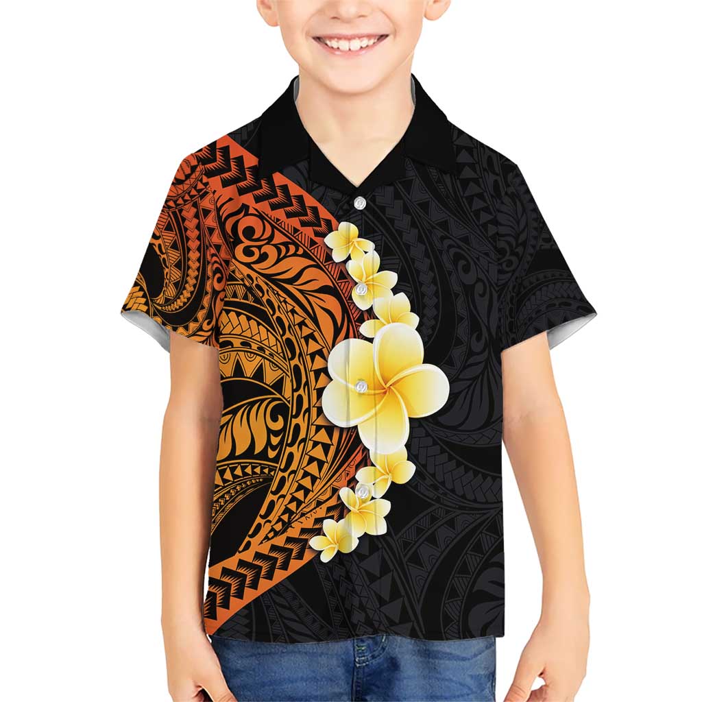 Hawaiian Tropical Plumeria Art Polynesian Tattoo Kid Hawaiian Shirt Black and Autumn Color Theme