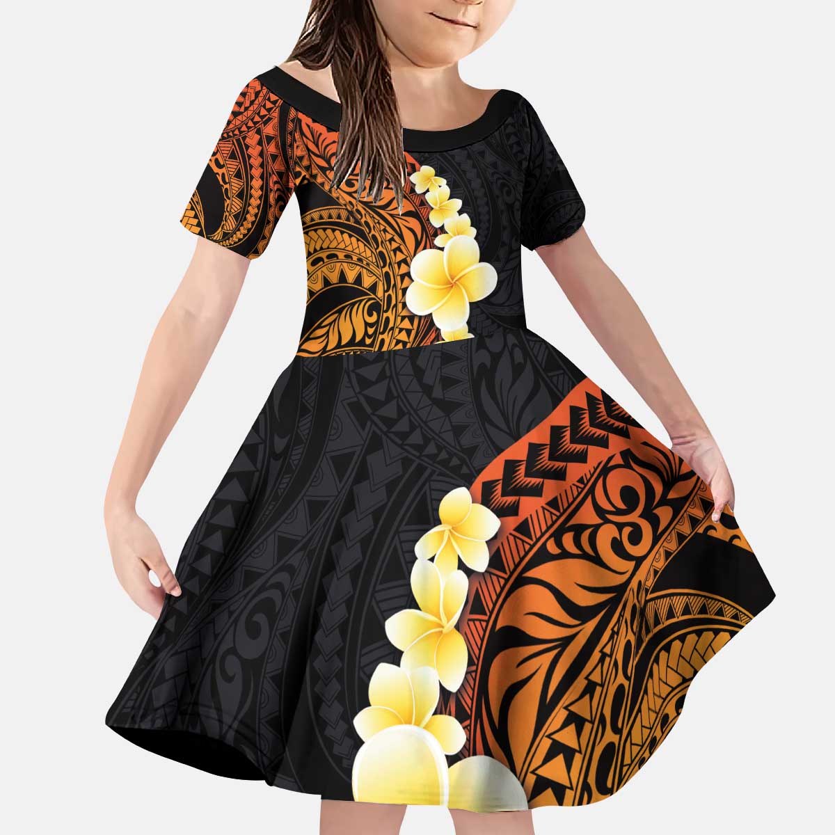 Hawaiian Tropical Plumeria Art Polynesian Tattoo Kid Short Sleeve Dress Black and Autumn Color Theme