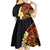 Hawaiian Tropical Plumeria Art Polynesian Tattoo Kid Short Sleeve Dress Black and Autumn Color Theme