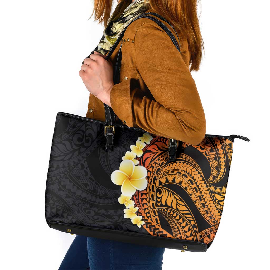 Hawaiian Tropical Plumeria Art Polynesian Tattoo Leather Tote Bag Black and Autumn Color Theme