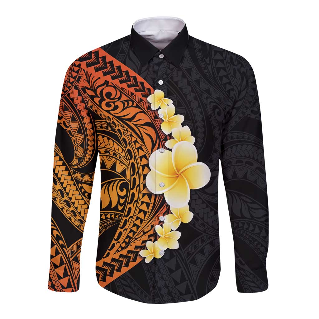 Hawaiian Tropical Plumeria Art Polynesian Tattoo Long Sleeve Button Shirt Black and Autumn Color Theme