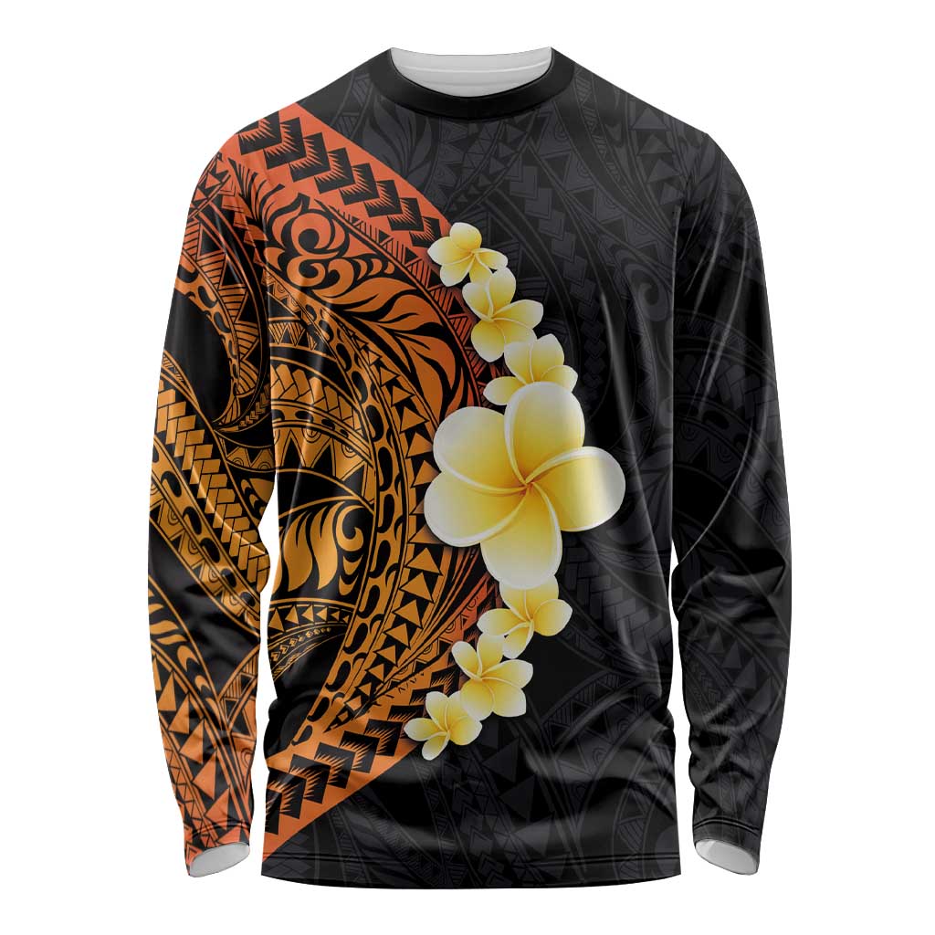 Hawaiian Tropical Plumeria Art Polynesian Tattoo Long Sleeve Shirt Black and Autumn Color Theme