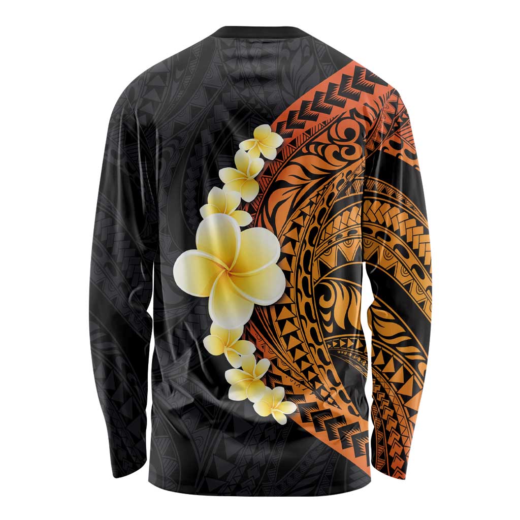 Hawaiian Tropical Plumeria Art Polynesian Tattoo Long Sleeve Shirt Black and Autumn Color Theme