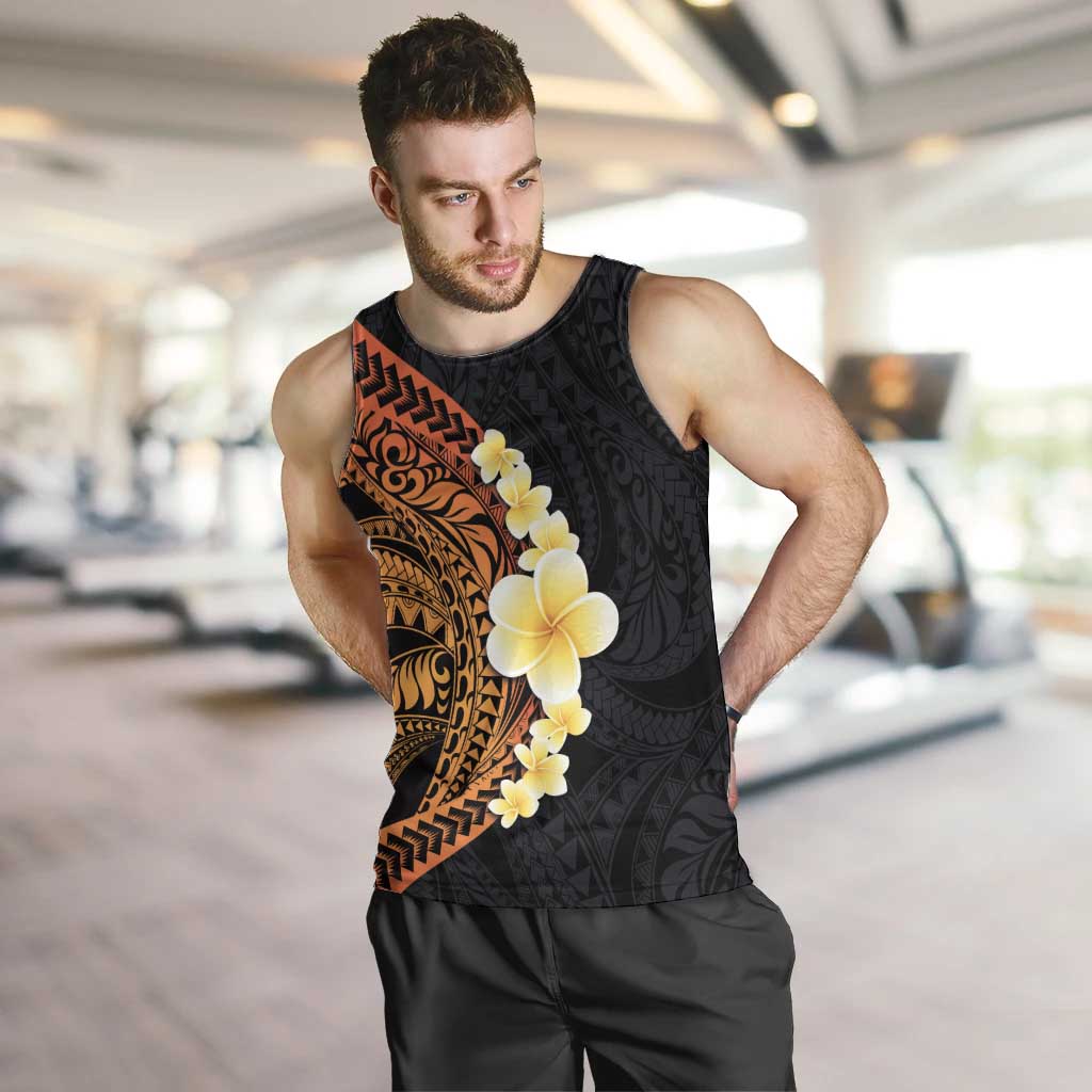 Hawaiian Tropical Plumeria Art Polynesian Tattoo Men Tank Top Black and Autumn Color Theme