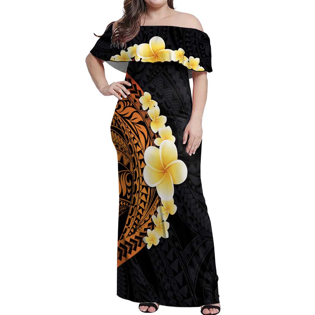 Hawaiian Tropical Plumeria Art Polynesian Tattoo Off Shoulder Maxi Dress Black and Autumn Color Theme