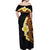 Hawaiian Tropical Plumeria Art Polynesian Tattoo Off Shoulder Maxi Dress Black and Autumn Color Theme