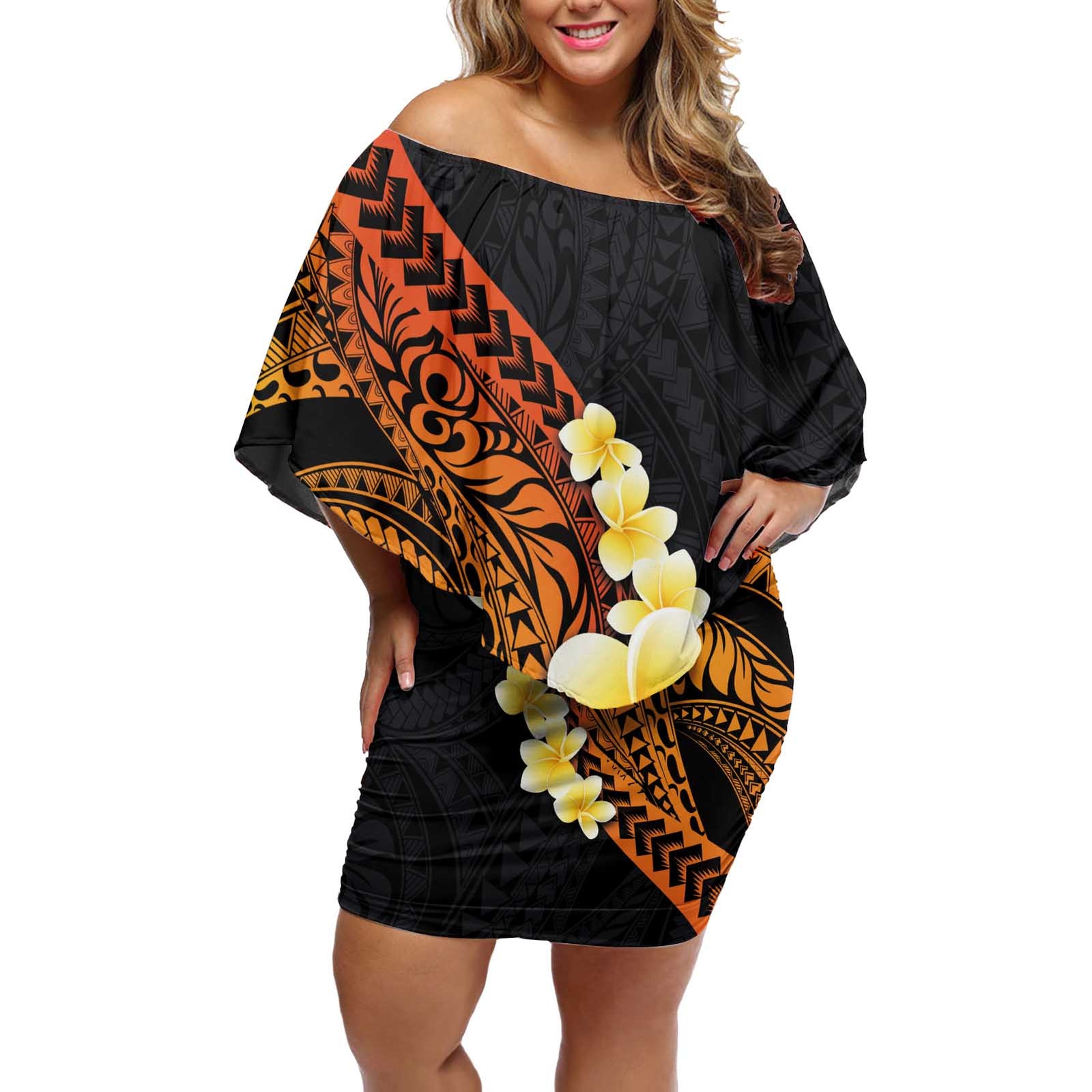 Hawaiian Tropical Plumeria Art Polynesian Tattoo Off Shoulder Short Dress Black and Autumn Color Theme LT03 Women Orange - Polynesian Pride