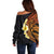 Hawaiian Tropical Plumeria Art Polynesian Tattoo Off Shoulder Sweater Black and Autumn Color Theme