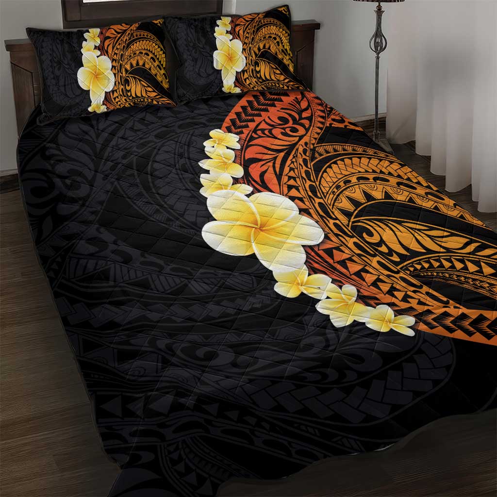 Hawaiian Tropical Plumeria Art Polynesian Tattoo Quilt Bed Set Black and Autumn Color Theme