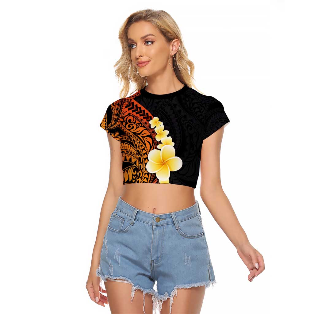 Hawaiian Tropical Plumeria Art Polynesian Tattoo Raglan Cropped T Shirt Black and Autumn Color Theme