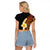 Hawaiian Tropical Plumeria Art Polynesian Tattoo Raglan Cropped T Shirt Black and Autumn Color Theme