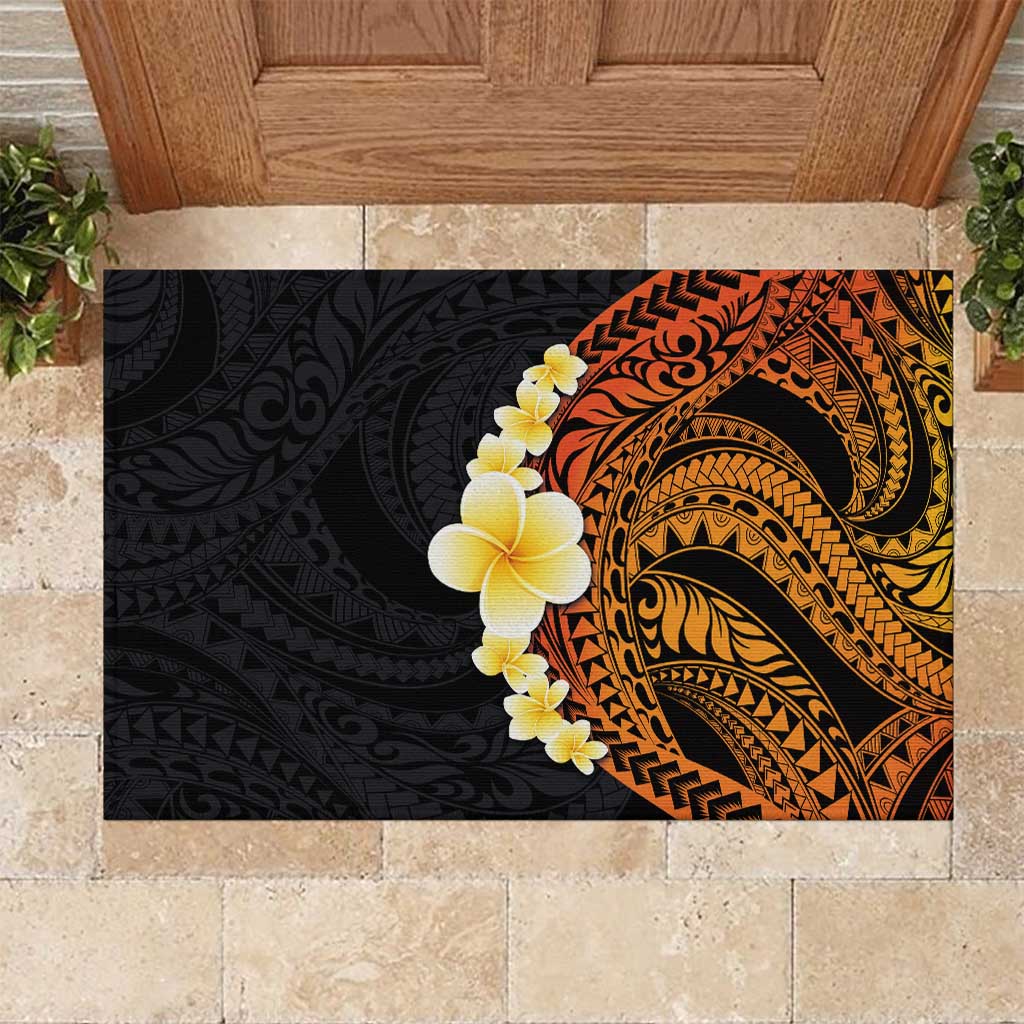 Hawaiian Tropical Plumeria Art Polynesian Tattoo Rubber Doormat Black and Autumn Color Theme LT03 Orange - Polynesian Pride