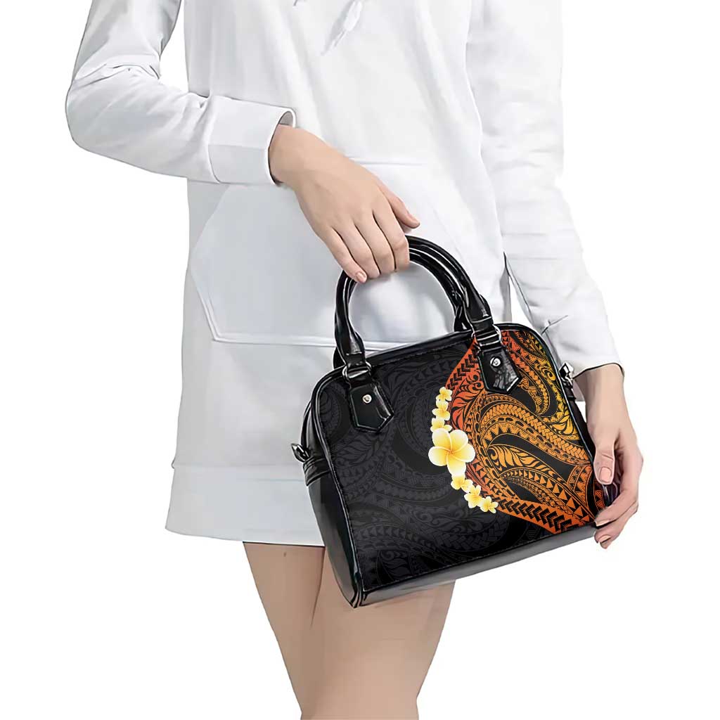 Hawaiian Tropical Plumeria Art Polynesian Tattoo Shoulder Handbag Black and Autumn Color Theme