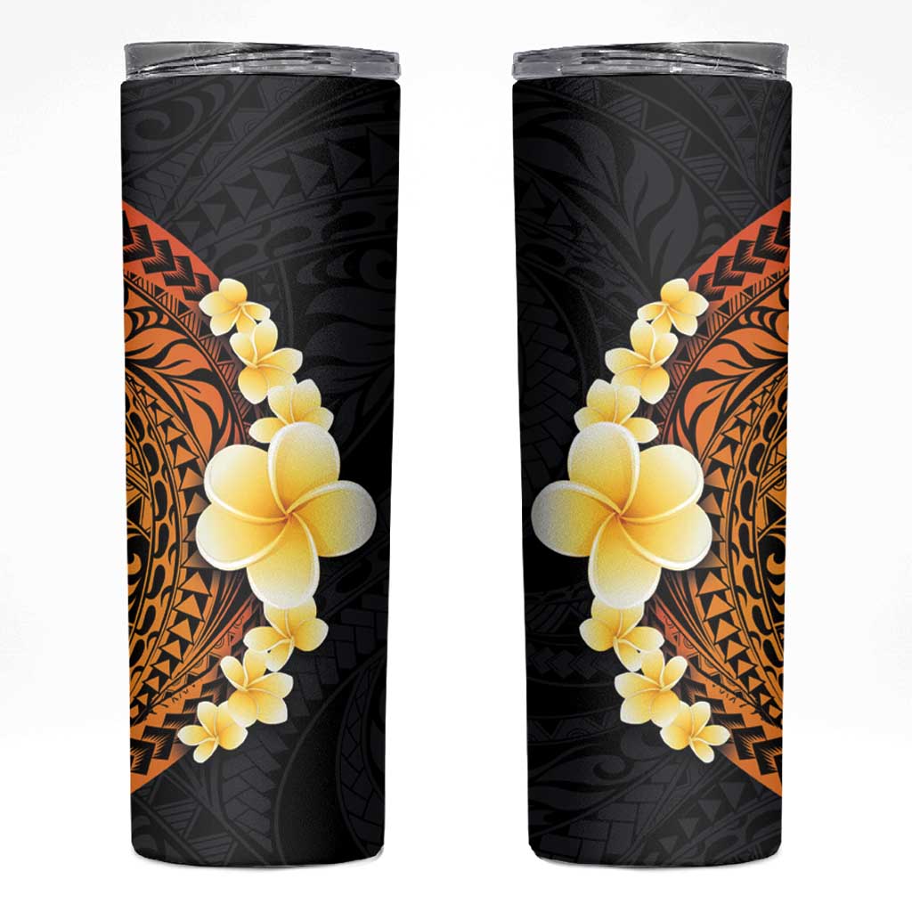 Hawaiian Tropical Plumeria Art Polynesian Tattoo Skinny Tumbler Black and Autumn Color Theme