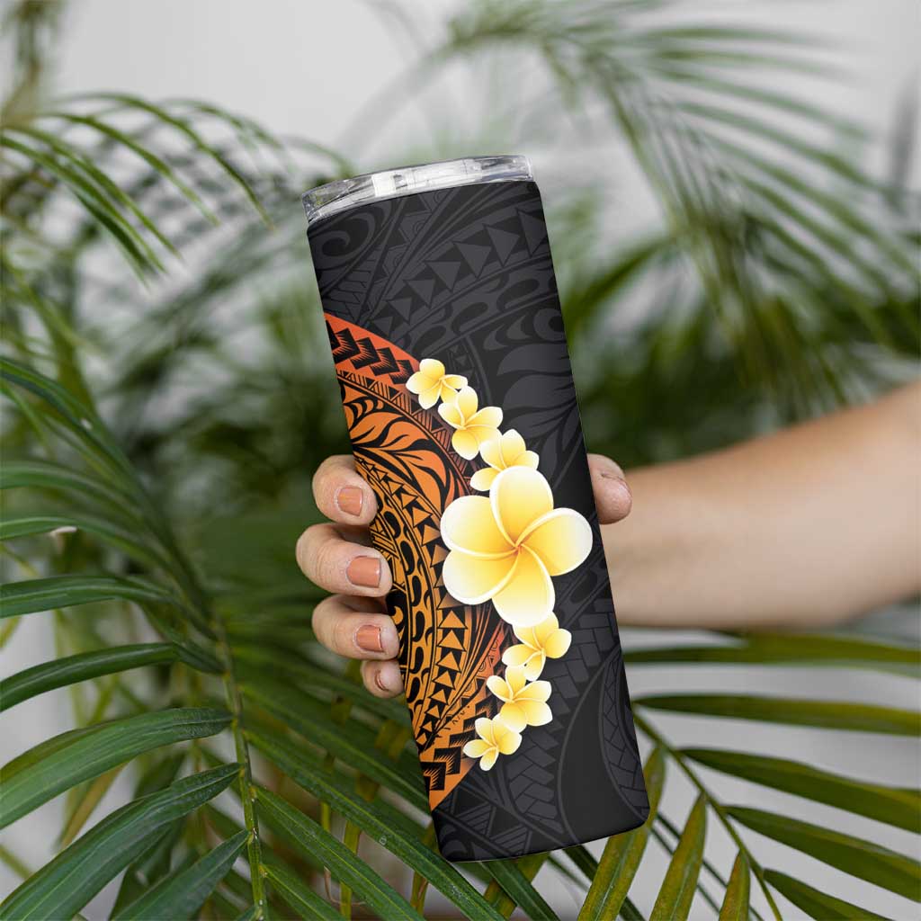 Hawaiian Tropical Plumeria Art Polynesian Tattoo Skinny Tumbler Black and Autumn Color Theme