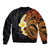 Hawaiian Tropical Plumeria Art Polynesian Tattoo Sleeve Zip Bomber Jacket Black and Autumn Color Theme