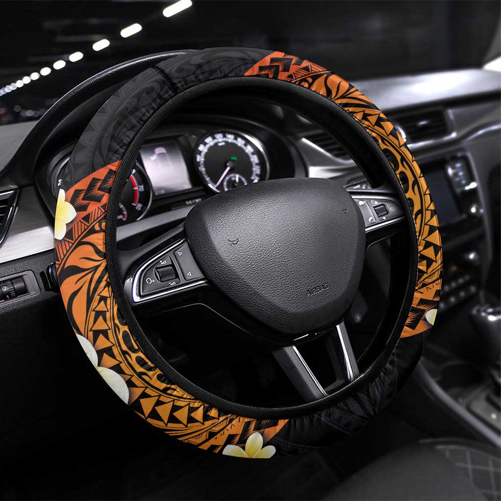 Hawaiian Tropical Plumeria Art Polynesian Tattoo Steering Wheel Cover Black and Autumn Color Theme LT03 Universal Fit Orange - Polynesian Pride