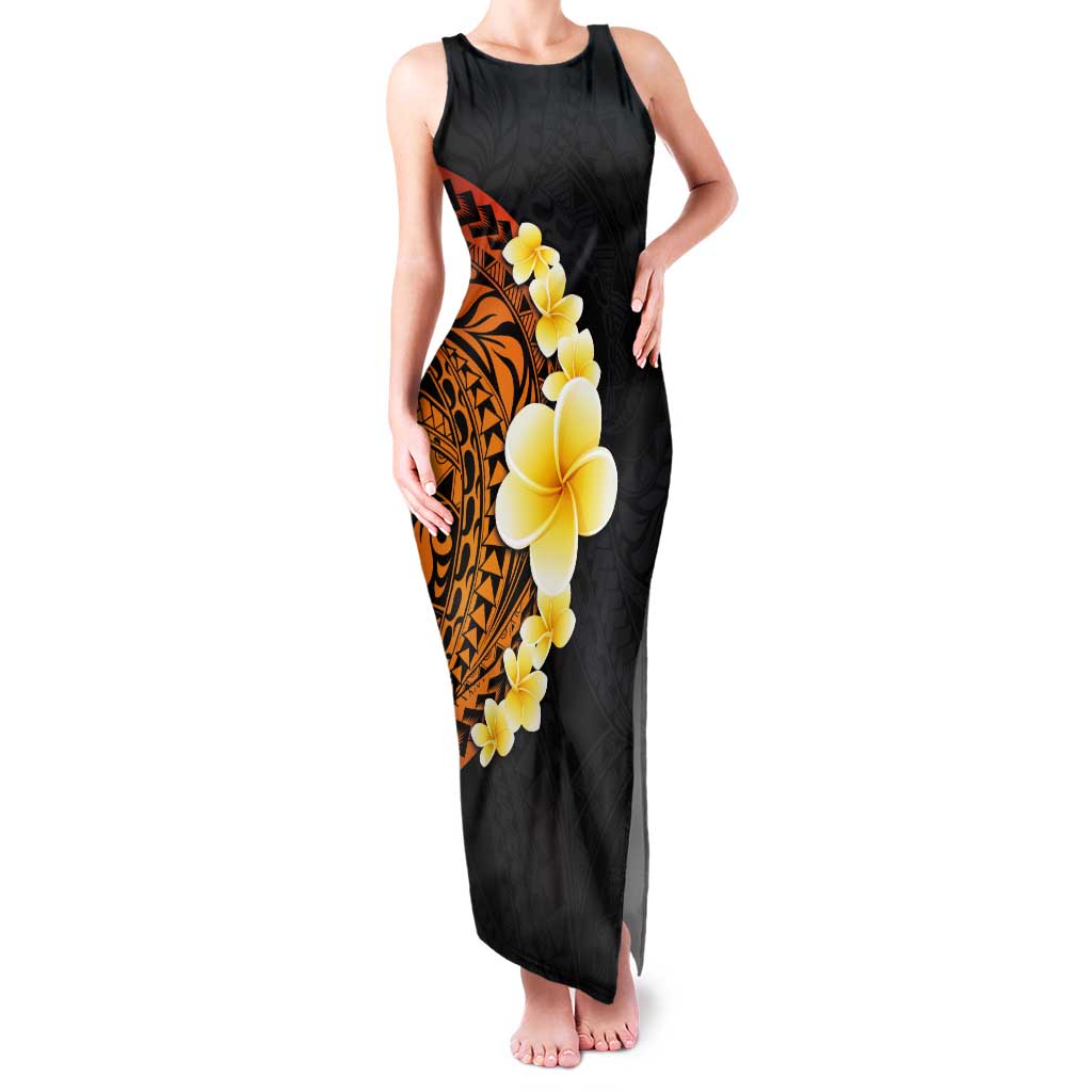 Hawaiian Tropical Plumeria Art Polynesian Tattoo Tank Maxi Dress Black and Autumn Color Theme LT03 Women Orange - Polynesian Pride