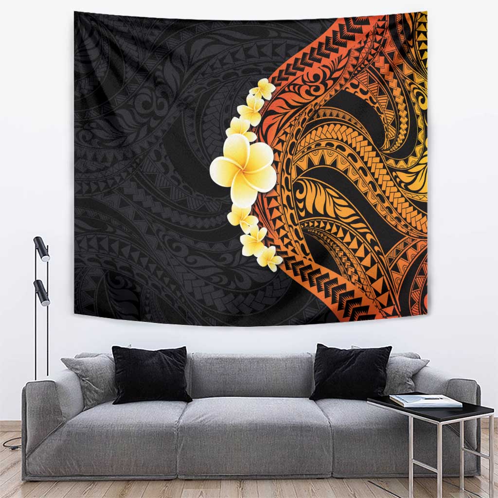 Hawaiian Tropical Plumeria Art Polynesian Tattoo Tapestry Black and Autumn Color Theme