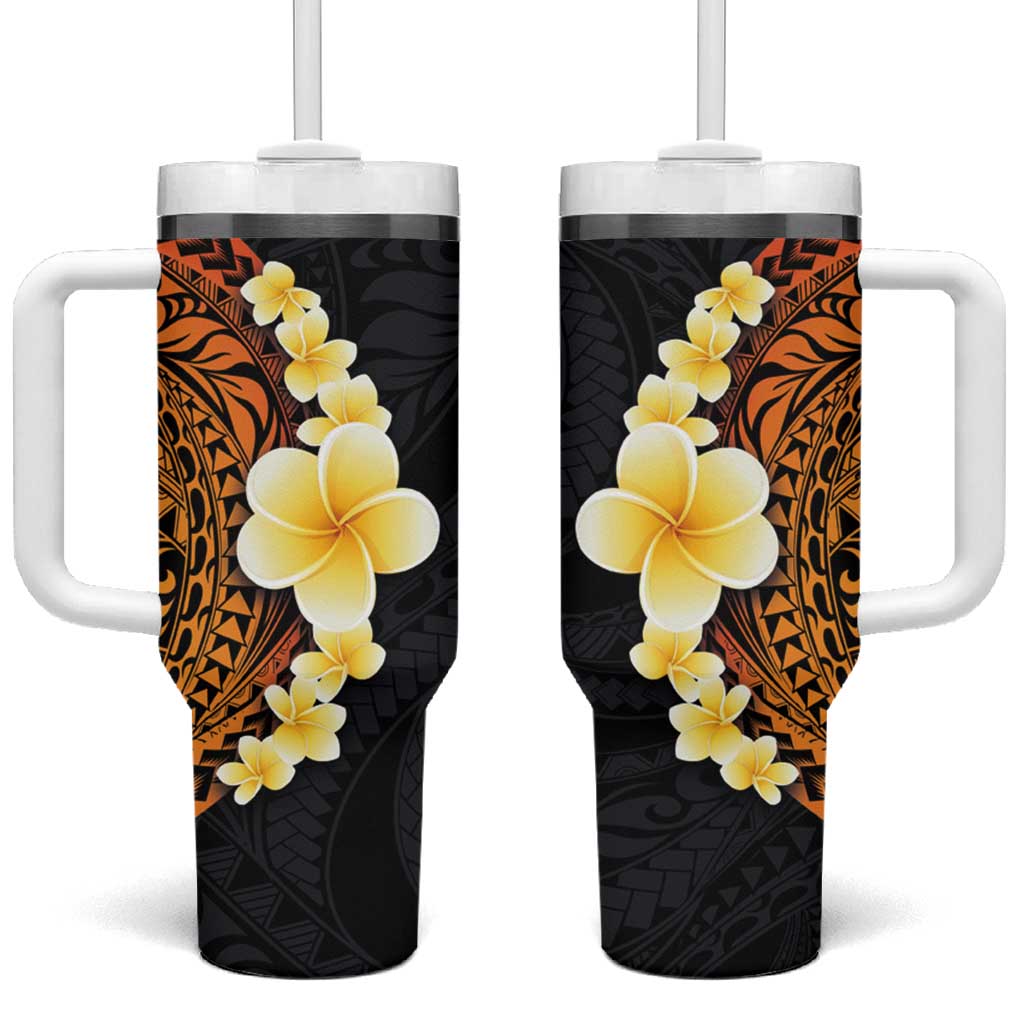 Hawaiian Tropical Plumeria Art Polynesian Tattoo Tumbler With Handle Black and Autumn Color Theme