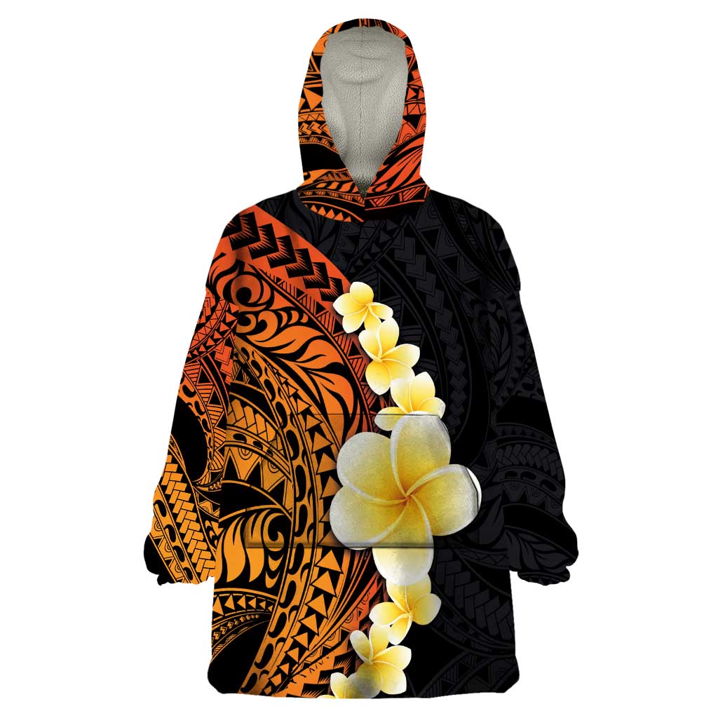 Hawaiian Tropical Plumeria Art Polynesian Tattoo Wearable Blanket Hoodie Black and Autumn Color Theme